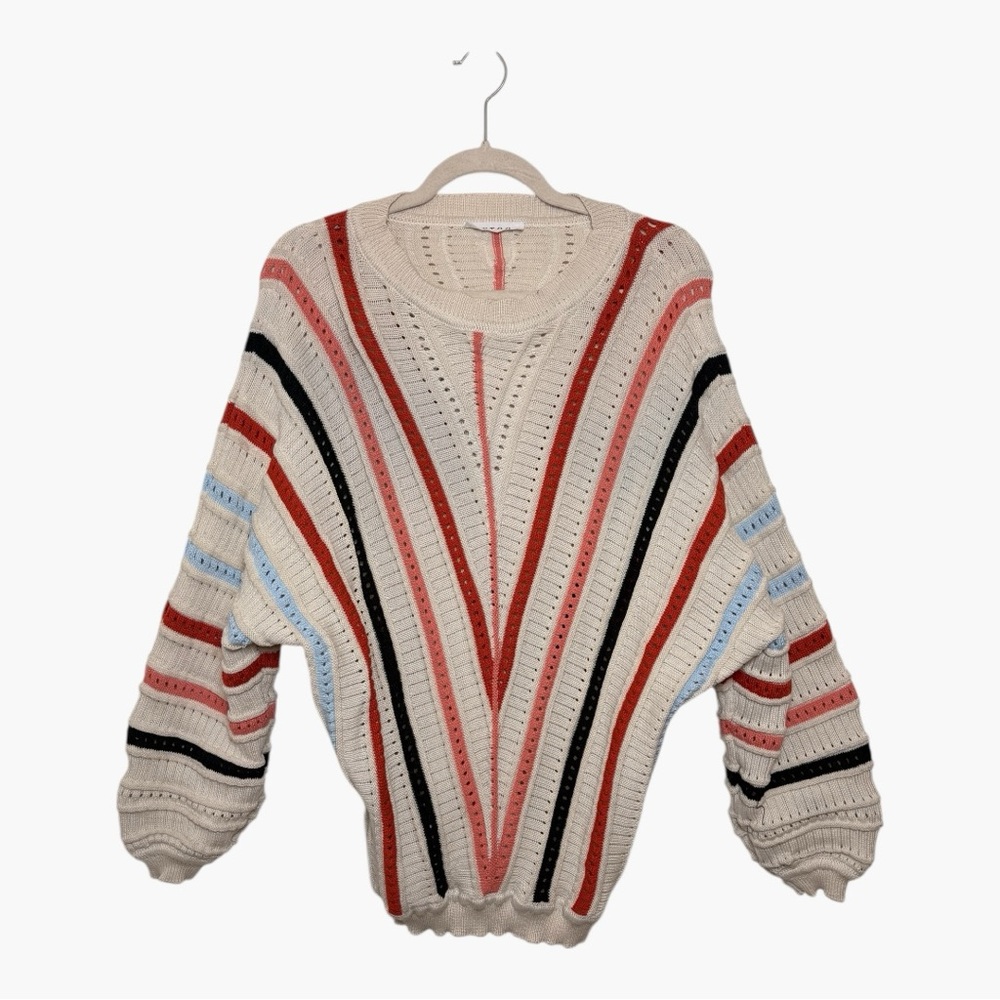 Red Pink Blue Striped Knit Sweater Cozy Retro Preppy Oversized Medium